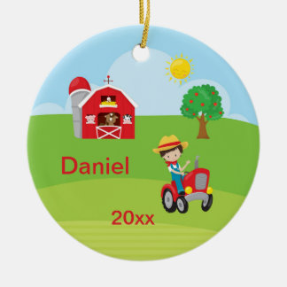 Glückliche Landarbeiter-Scheunen-Traktor-Tiere Keramik Ornament