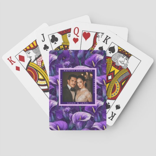 Glückliche lila Calla-Lilien Botanische Hochzeit Spielkarten (Rückseite)