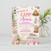 Glückliche Mädchen-Camping-Geburtstag Rosa Einladung (Stehend Vorderseite)