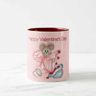 Glückliche Maus des Valentines Tagesmit der Zweifarbige Tasse