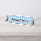 Glückliche Mutter Katze Drei Kätzchen Bogen Karier Schreibtischnamensplakette (Vorderseite )