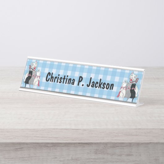 Glückliche Mutter Katze Drei Kätzchen Bogen Karier Schreibtischnamensplakette (Vorderseite )