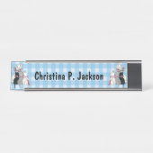 Glückliche Mutter Katze Drei Kätzchen Bogen Karier Schreibtischnamensplakette (Vorderseite )