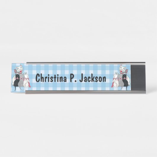 Glückliche Mutter Katze Drei Kätzchen Bogen Karier Schreibtischnamensplakette (Vorderseite )