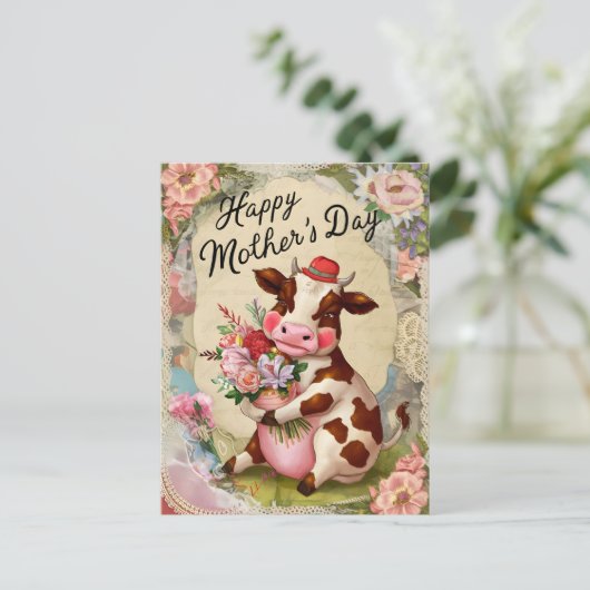 Glückliche Muttertagskuh Vintage Postkarte (Stehend Vorderseite)