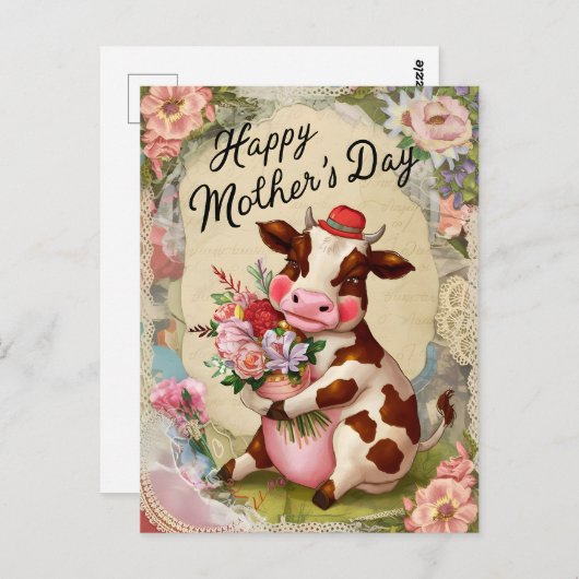 Glückliche Muttertagskuh Vintage Postkarte (Vorne/Hinten)