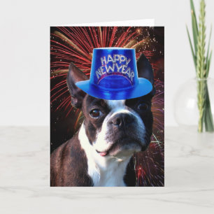 Glückliche New Year Boston Terrier Grußkarte Feiertagskarte