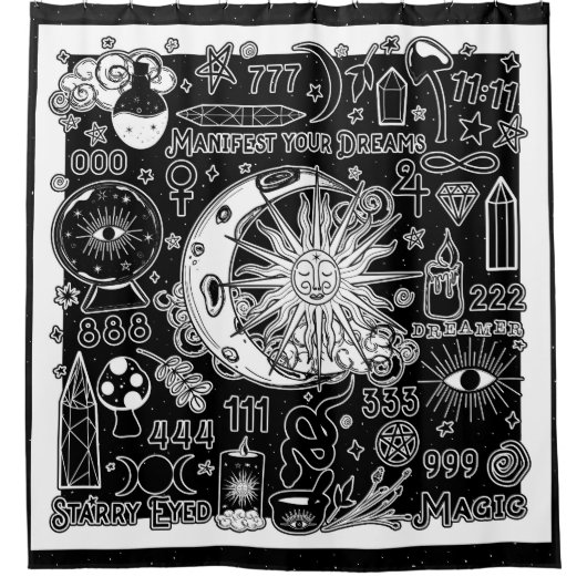 Glückliche Numerologie Manifesting Magic Black & W Duschvorhang (Vorderseite)