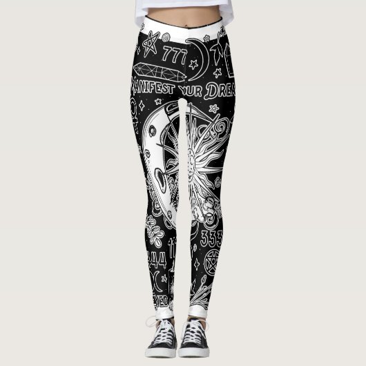Glückliche Numerologie Manifesting Magic Black & W Leggings (Vorderseite)