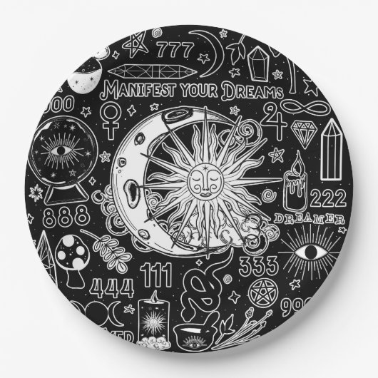 Glückliche Numerologie Manifesting Magic Black & W Pappteller (Vorderseite)