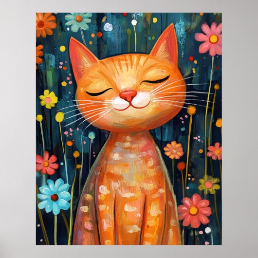 Glückliche Orange Katze Whimsical Blumen Poster (Vorne)