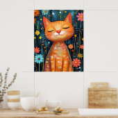 Glückliche Orange Katze Whimsical Blumen Poster (Küche)