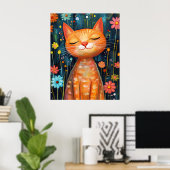Glückliche Orange Katze Whimsical Blumen Poster (Heimbüro)