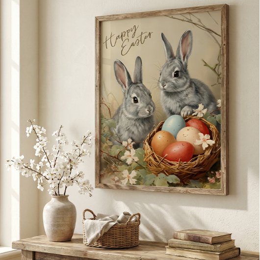Glückliche Osterhasen mit Ostereiern im Korb Poster