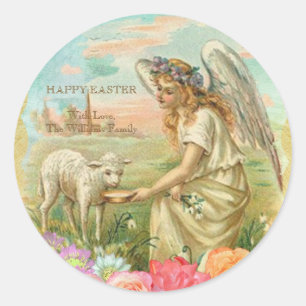 Glückliche Ostern-Typografie-Vintages Engels-Lamm Runder Aufkleber