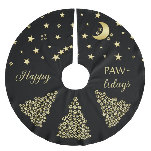 Glückliche Pawlidays, goldglänzende Paw Weihnachts Polyester Weihnachtsbaumdecke (Vorderseite)