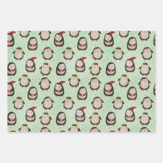 Glückliche Pinguine mit Weihnachtsmannmützen und O Geschenkpapier Set (Vorderseite 2)