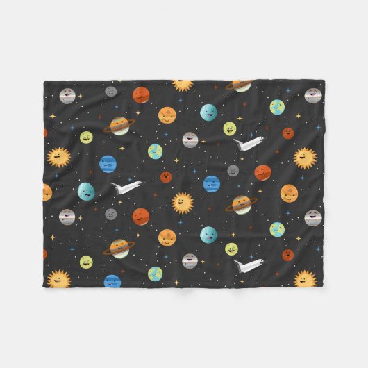 Glückliche Planeten im Weltraum Fleecedecke (Vorderseite (Horizontal))