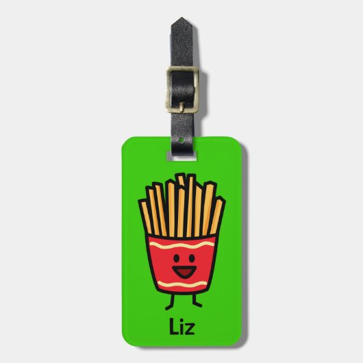 Glückliche Pommesfrites frites brieten ungesunde Gepäckanhänger (Vorderseite vertikal)