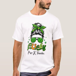Glückliche Pre-K Lehrer Patricks Day Bun Hair Kari T-Shirt