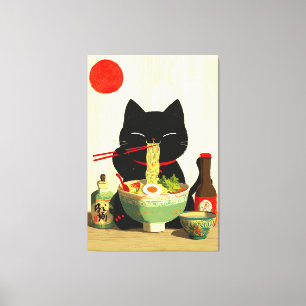 Glückliche schwarze Katze, die Ramen isst Japani Leinwanddruck