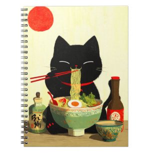 Glückliche schwarze Katze, die Ramen isst   Japani Notizblock