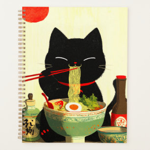 Glückliche schwarze Katze, die Ramen isst Japani Planer