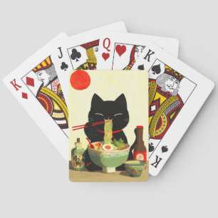 Glückliche schwarze Katze, die Ramen isst Japani Spielkarten