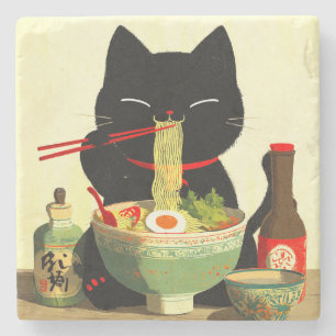 Glückliche schwarze Katze, die Ramen isst Japani Steinuntersetzer