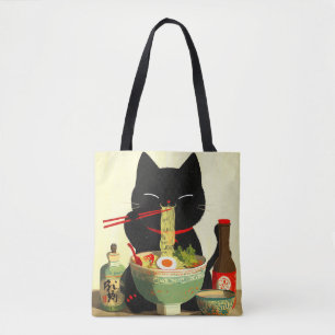 Glückliche schwarze Katze, die Ramen isst Japani Tasche