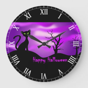 Glückliche schwarze Katze Halloweens lila Große Wanduhr