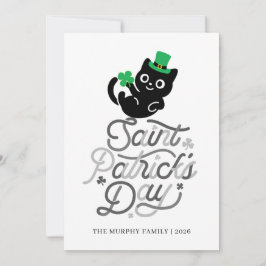 Glückliche schwarze Katze Kleeblatt Foto St. Patri Feiertagskarte