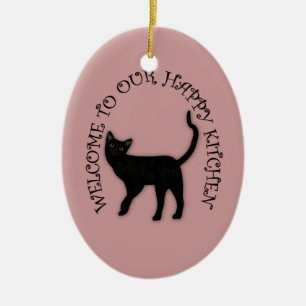 Glückliche schwarze Katzen-hängende Keramik Ornament