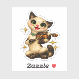 Glückliche siamesische Katze spielt Violine Retro Aufkleber