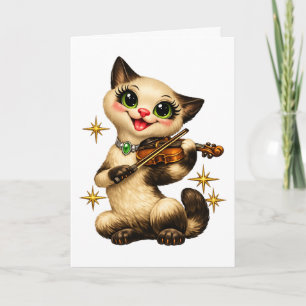 Glückliche siamesische Katze spielt Violine Retro  Karte