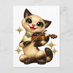 Glückliche siamesische Katze spielt Violine Retro Postkarte
