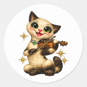 Glückliche siamesische Katze spielt Violine Retro Runder Aufkleber