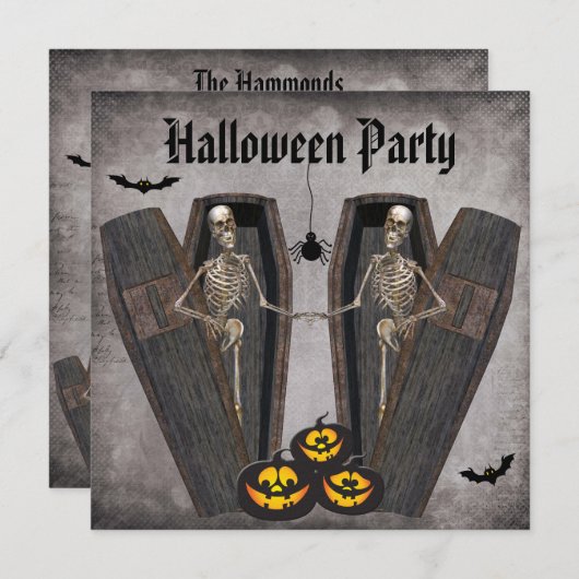 Glückliche Skelette im Sarg-Halloween-Party Einladung (Vorne/Hinten)