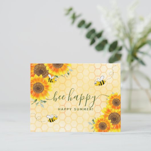 Glückliche Sommer Grüße Sonnenblumen Blütenbienen Postkarte (Stehend Vorderseite)