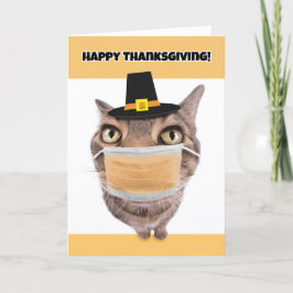Glückliche Thanksgiving-Katze in Coronavirus Gesic Feiertagskarte