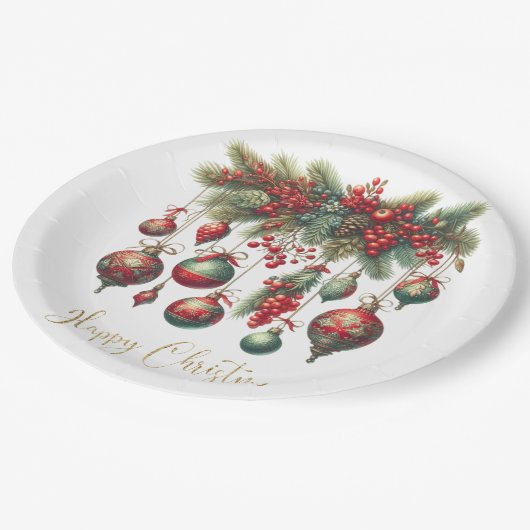 Glückliche Weihnachtsdekorationen Pappteller (Schrägansicht)