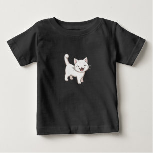 Glückliche weiße Cartoon-Katze gehende Kunst Baby T-shirt