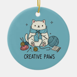 Glückliche weiße Katze strickt blaues Garn Bastell Keramik Ornament