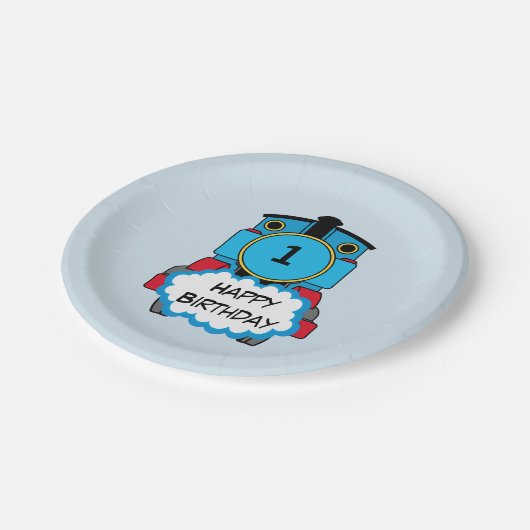Glückliche Zugjungen-Geburtstagsplatte Pappteller (Schrägansicht)
