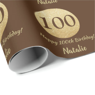 Glücklicher 100. Geburtstag Braun und Gold Glitzer Geschenkpapier