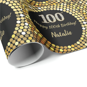 Glücklicher 100. Geburtstags-Schwarz-Gold-Glitzer Geschenkpapier