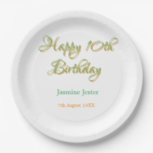glücklicher 10. Geburtstag orange grüner Name Datu Pappteller