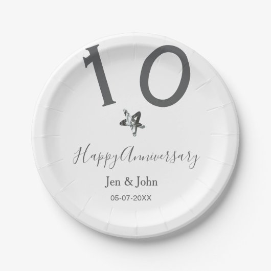 Glücklicher 10-jähriger Jubiläumsname Datum grauer Pappteller (Vorderseite)