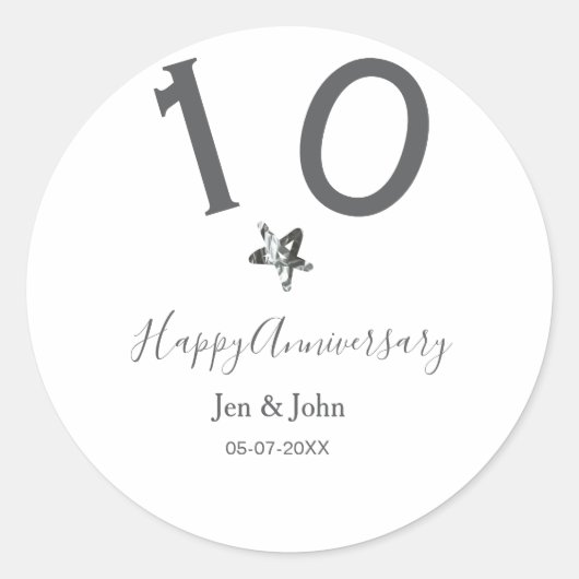 Glücklicher 10-jähriger Jubiläumsname Datum grauer Runder Aufkleber (Vorderseite)