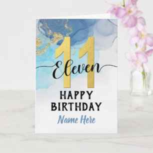 Glücklicher 11. Geburtstag Watercolor Blue & gold  Karte